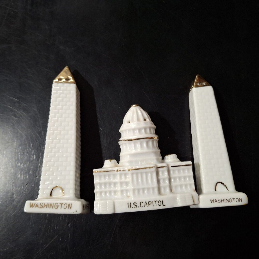 US Capitol & 2 Washington Monument Salt And Pepper Shakers Vintage Spice Holder
